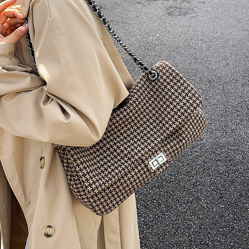 с доставкой Small Houndstooth Woolen Cloth Crossbody Bag for Women 2021 Winter High-quality Designer Handbag Luxury Shoulder