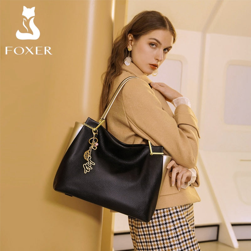 FOXER Fashion Women Big Totes Natural Leather Fall Winter Mother Casual Top Handle Bags Lady Soft Handbag Commute Laptop Purse