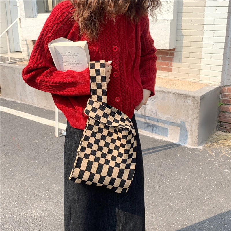 Knitting Fabric Women Handbag Chequer Chess Design Eco Small Shopping Bag Decoration Purses Woolen Plaid Cloth Tote For Ladies