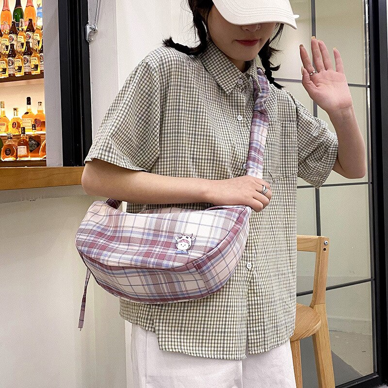 Simple Casual women Shoulder messenger Bags Large Capacity Nylon Plaid Female hobos Bag lady Totes Harajuku Cartoon Travel bag