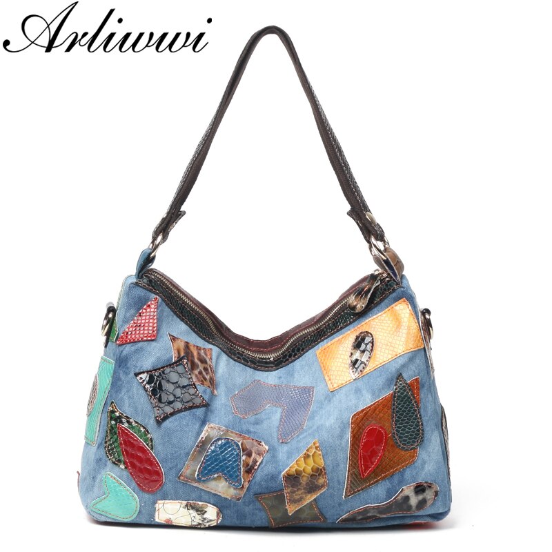 Arliwwi Brand Denim And Real Leather Women's Shoulder Bags Double Pockets Composition Lady Large Capacity Handbags New G08