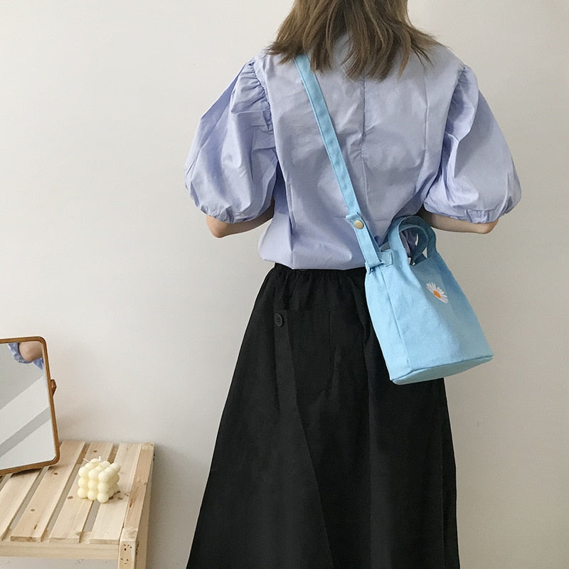 Women's Little Canvas Shoulder Bag Daisy Small Cotton Handbag Totes Ladies Casual Vintage Purse Cloth Bucket Pouch For Girls