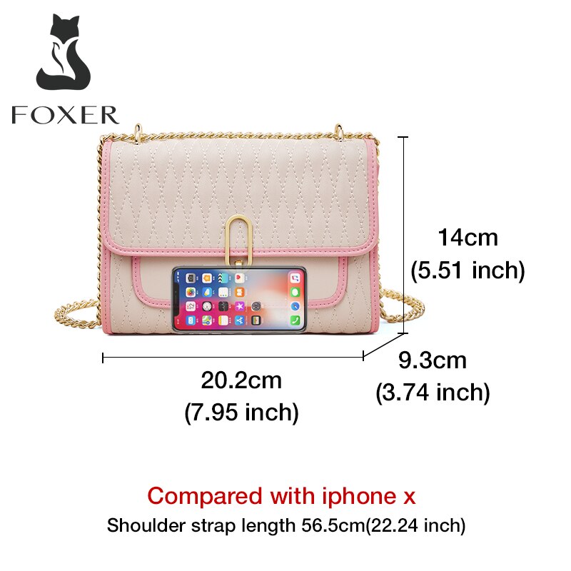 FOXER Ladies Split Leather Hit Color Shoulder Bag Twill Flap Chain Link Underarm Bag High Quality Luxury Messenger Bag Women