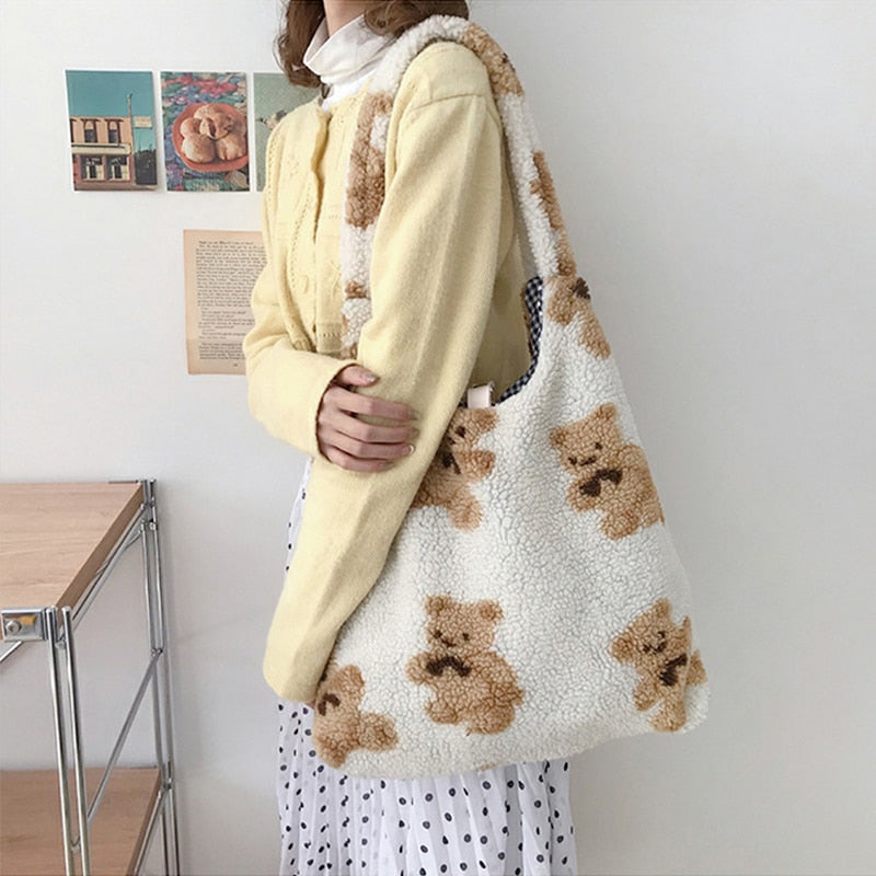 Back to College Women Plush Shoulder Bag Warm Cloth Fabric Handbag Soft Canvas Tote Large Capacity Shopping Bags Cute Bear Book Bags For Ladies