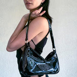 Graduation Gift Vintage Women Black Patent Leather Shoulder Bag Fashion Design Ladies Underarm Bag Retro Y2k Cool Girls Small Purse Handbags
