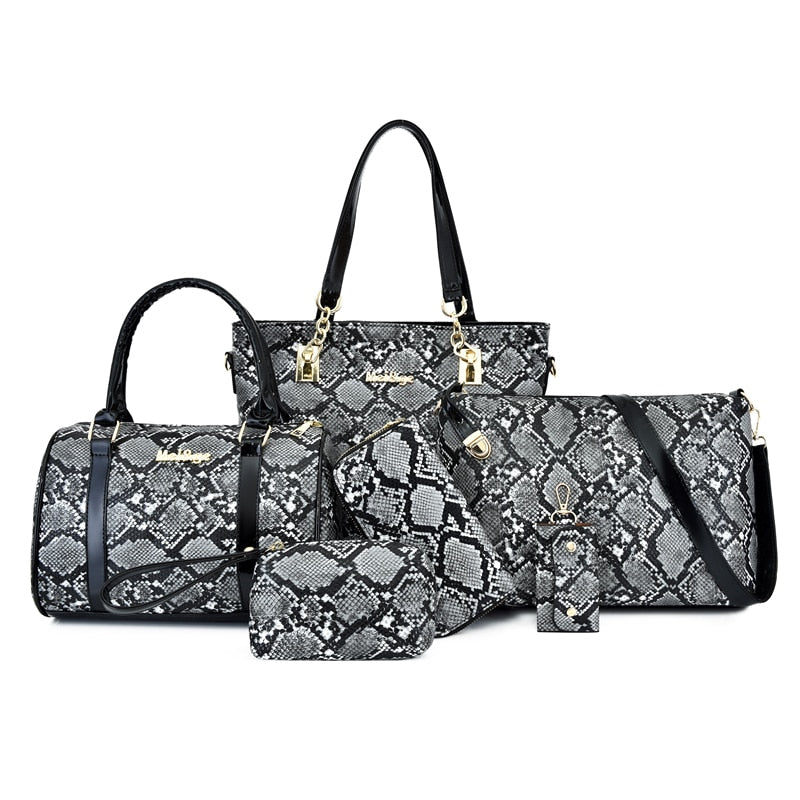 High Quality Women Pu Leather Handbags Large Capacity 6 Pieces Set Serpentine Shoulder Tote Bags Casual Female Messenger Bags