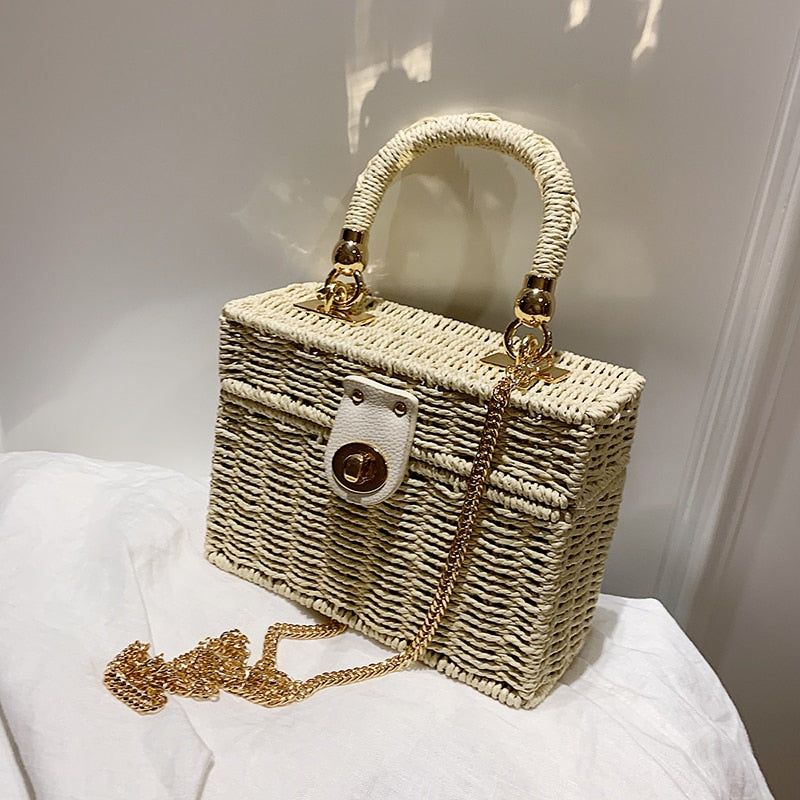 Christmas Gift Elegant Female Box Tote bag 2021 New High-quality Straw Women's Designer Handbag Weave Chain Shoulder Messenger Bag Beach bag