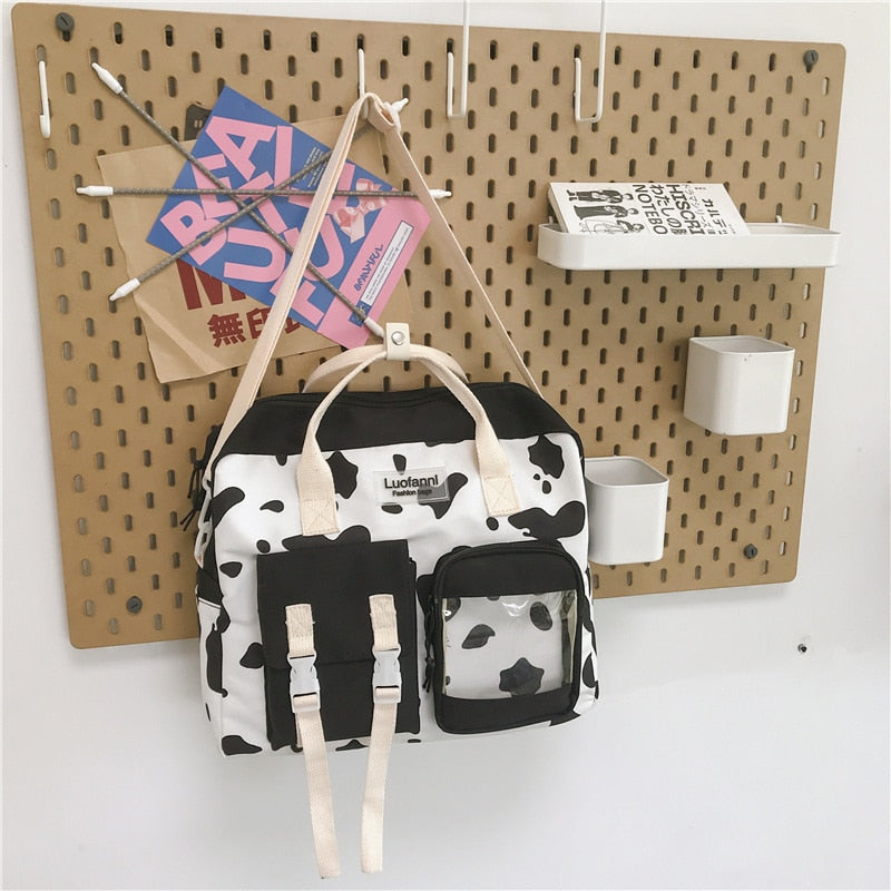 Back to College DCIMOR New Cow Print Multifunction Backpack Fashion Transparent Women Backpacks Teenage Girl Ring Buckle Small Schoolbag Bookbag