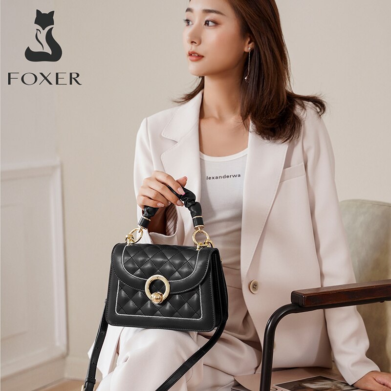 FOXER Fashion Women's Top Handle Bags Cow Leather Small Handbag Lady Plaid Brand Shoulder Bags Soft Travel Female Cross Body Bag