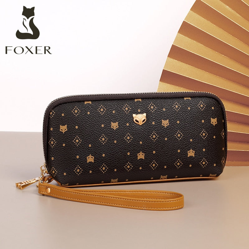 FOXER Female PVC Leather Chic Cosmetic Bag Women Coin Money Bag Clutch Wristlet Wallet with Strap Lady Classic Cellphone Purse