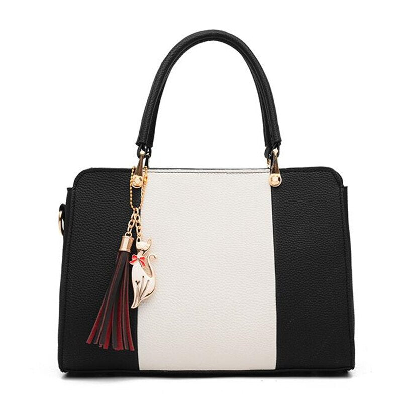 Trendy Patchwork Color Shoulder Bag for Women Middle Totes Purse Office Lady Crossbody Bags handing tassel ornament Handbags