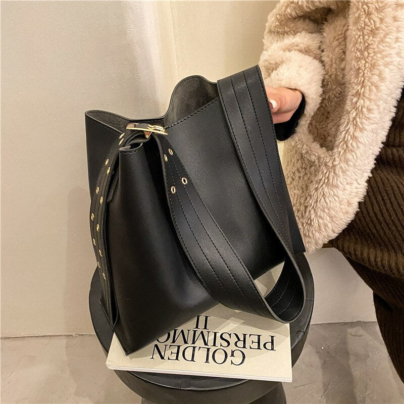 Composite Bag PU Leather Shoulder Bag for Women 2021 Brand Wide Belt Designer Handbags female Trend Solid Color Bucket Bag black