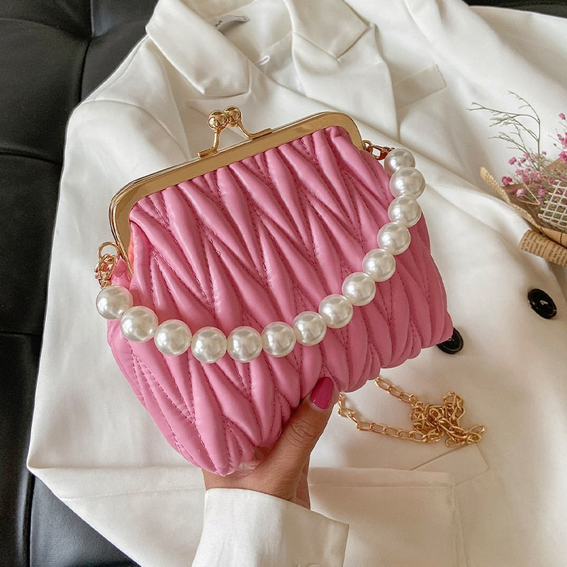 Christmas Gift Pleated Pearl Tote bag Cute Shell bag 2021 Summer New Quality PU Leather Women's Designer Handbag Chain Shoulder Messenger Bag