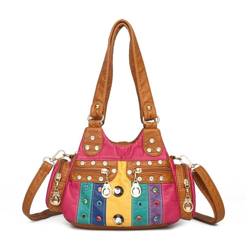 Fashion diamond female bag designer soft leather shoulder bag personality stitching messenger bag 2021 spring new zipper handbag