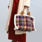 Vintage Handbag Woman fur Zipper Decoration Shoulder Bag Women Knitting High Quality Woolen Cloth Crossbody Bag Weaving Tote