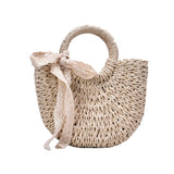 OLSITTI Straw Bag Women Woven Handbag Moon Shape Lace Bow Rattan Bag Big Capacity Drawstring Casual Beach Shoulder Crossbody Bag