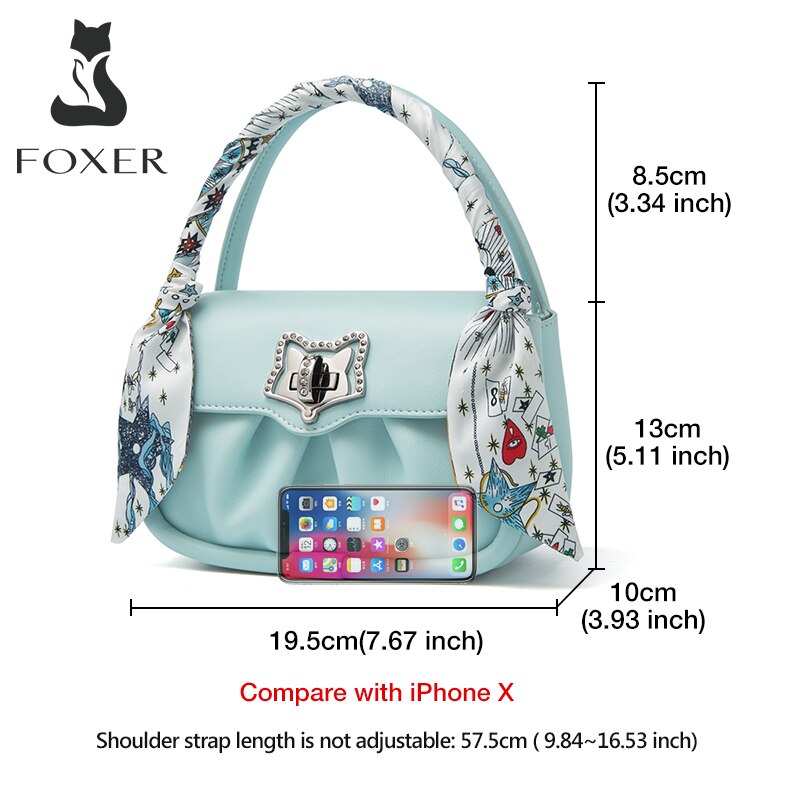 FOXER Women Fashion Fold Messenger Bag Leather Flap Ladies Street Casual Shoulder Bag Unique Silk Scarf Decoration Mini Handbag