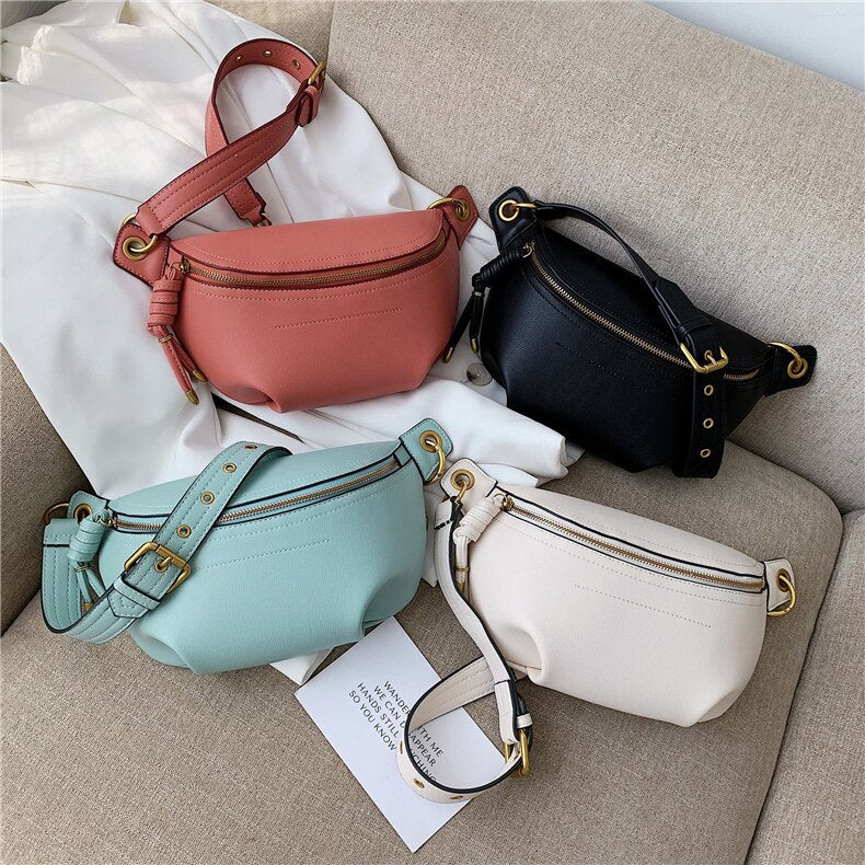 Christmas Gift Fashion Simple Beige Fanny Pack For Women Solid Color PU Leather Belt Waist Bags Chain Chest Sling Crossbody Bags Summer