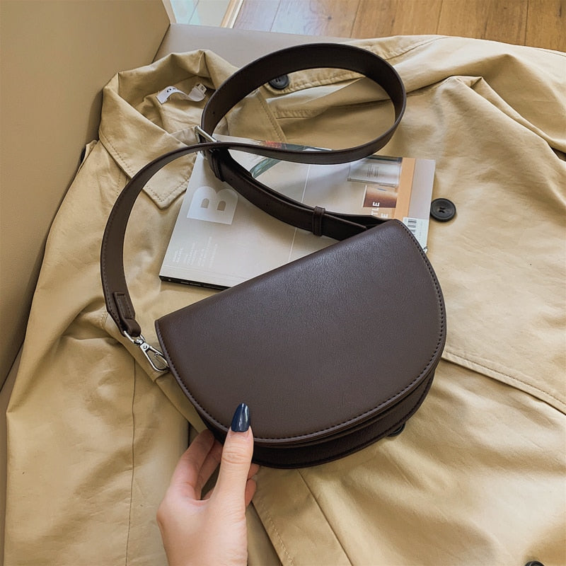 Christmas Gift Vintage Solid color Saddle bag 2021 New Quality PU Leather Women's Designer Handbag Wide shoulder strap Shoulder Messenger Bag