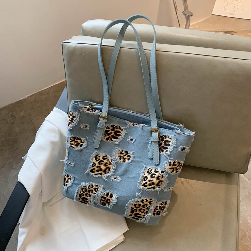 FANTASY 2020 Newest Leopard Denim Stitching Canvas Bags For Women 2 Colors Fashion Tote Handbag High Capacity Shoulder Bags Lady