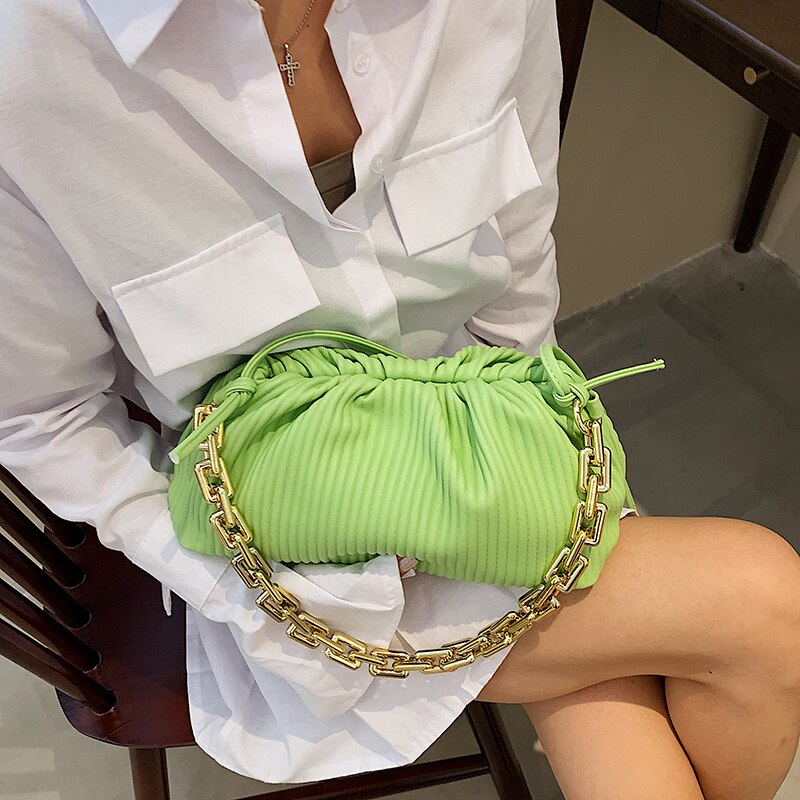 Soft PU Letter Armpit Baguette Crossbody Bags for Women 2021 Chain Shoulder Handbags and Purses Female Travel Designer Green