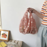 Vvsha Women Small Transparent Tote Mesh Cloth Bags Daisy Embroidery Handbag High Quality Eco Fruit Bag Mini Decoration Purse For Girls