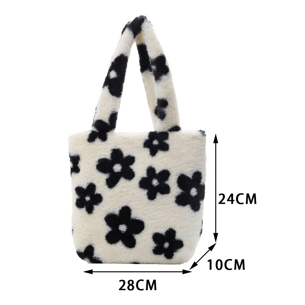 Casual Flower Printed Shoulder Underarm Bag Autumn Women Plush Soft Fluffy Handbag Street Travel Big Capacity Top-handle Handbag