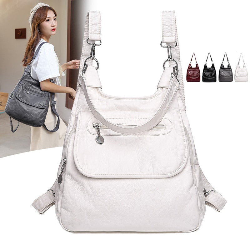 Christmas Gift Multifunction White Backpacks Fashion Washed Soft PU Leather Anti-thief Backpack Large Capacity School Bag for Teenager Girls