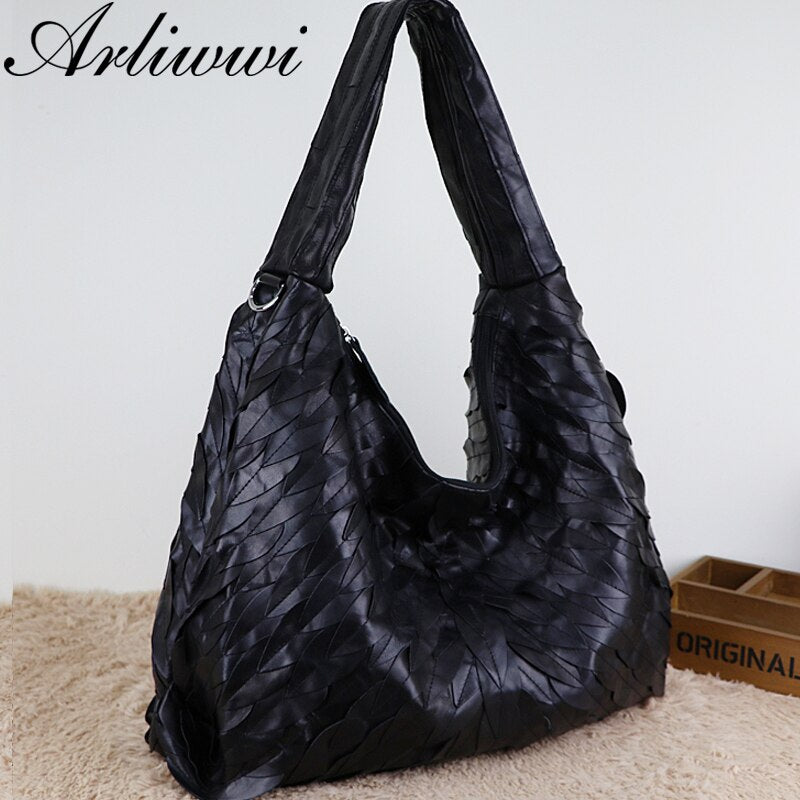 Arliwwi Designer Women's Genuine Sheepskin Leather Large Bags New Black Leaf Patchwork Soft Real Leather Cross Body Handbag GJ02