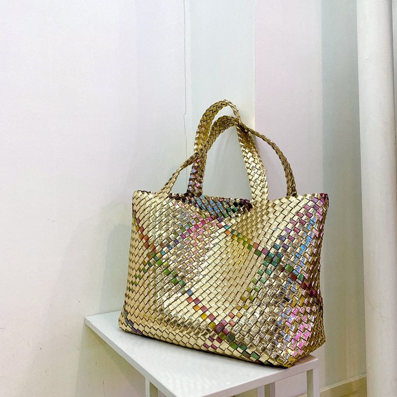 Retro Color Woven Large Capacity Tote Bag For Women 2021 Designer Luxury Soft Plaid Purse And Handbag Top Quality Shoulder Bag