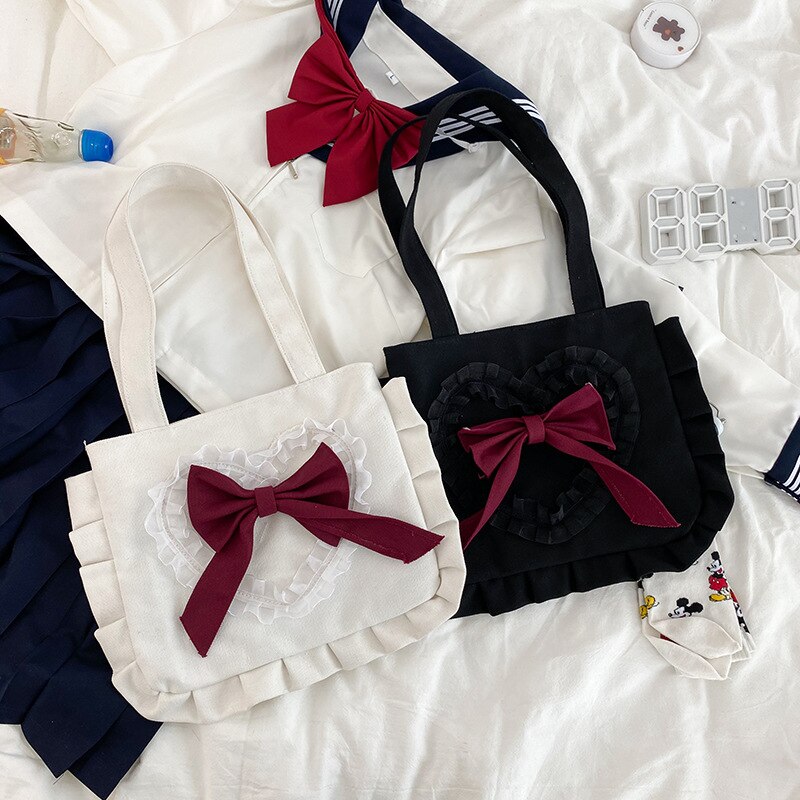 Christmas Gift Japanese Girl Shoulder Bag Cute Bow Canvas Shoulder Bag 2020 New Arrive Fashion Fungus Handbag Large Capacity Shopping Bag