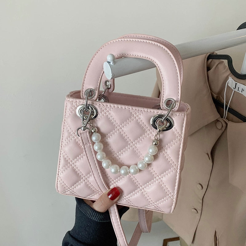 Christmas Gift Elegant Female Pearl Small Tote bag 2021 Summer New Quality PU Leather Women's Designer Handbag Lattice Shoulder Messenger bags