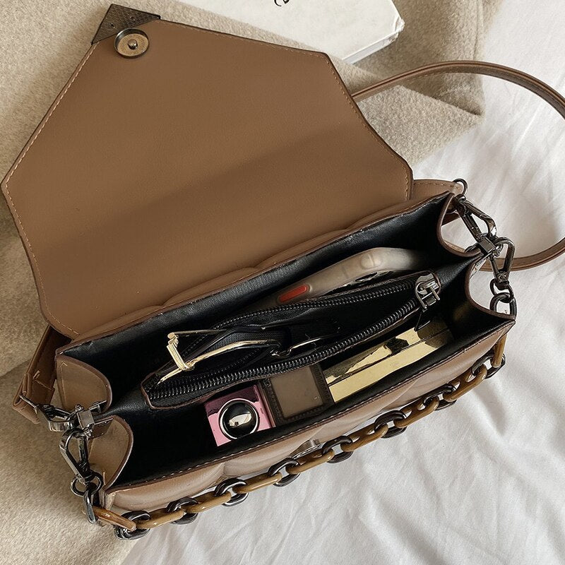 Designer Solid Color Leather Chain Shoulder Bags for Women 2021 Fashion New Quality Handbags Crossbody Small Square Bag Purses