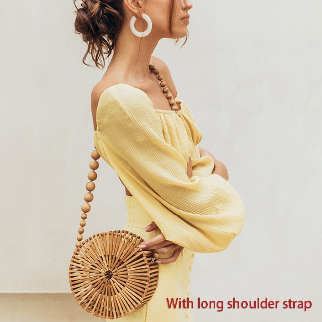 Casual Bamboo Beach Bag Women 2020 Summer New Hand Woven Hollow Out Round Straw Handbag Ladies Retro Wooden Basket Bags Holiday