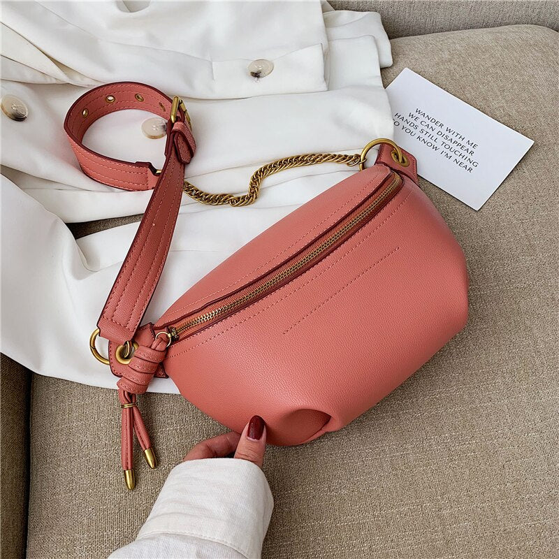 Christmas Gift Fashion Simple Beige Fanny Pack For Women Solid Color PU Leather Belt Waist Bags Chain Chest Sling Crossbody Bags Summer