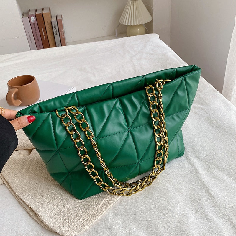 Christmas Gift Winter Big Quilted Shoulder Bags for Women PU Leather 2021 Hit Large Fashion Designer Brand Tote Chain Handbags and Purses Green