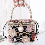 Luxury Wedding Clutch Purse Elegant Flower Pearl Handbag for Women Evening Bag Rhinestone Metal Hollow Party Bucket Bag ZD1636