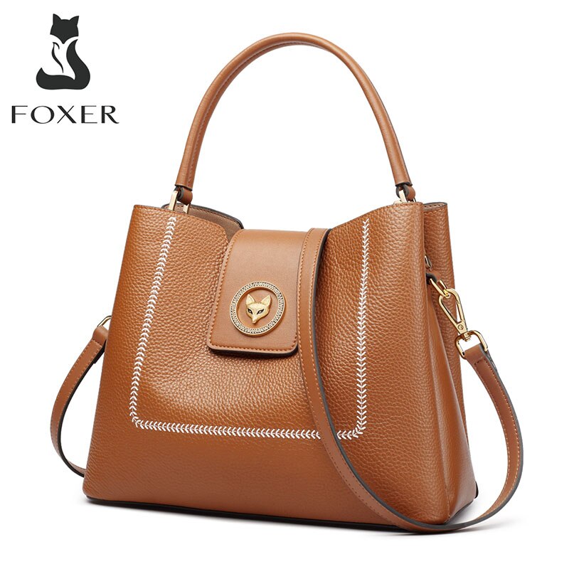 FOXER Women Top Handle Bag Natural Leather Soft Shoulder Bucket Bag Soft Lady Purse Casual Crossbody Bag Female Fall Winter Bag