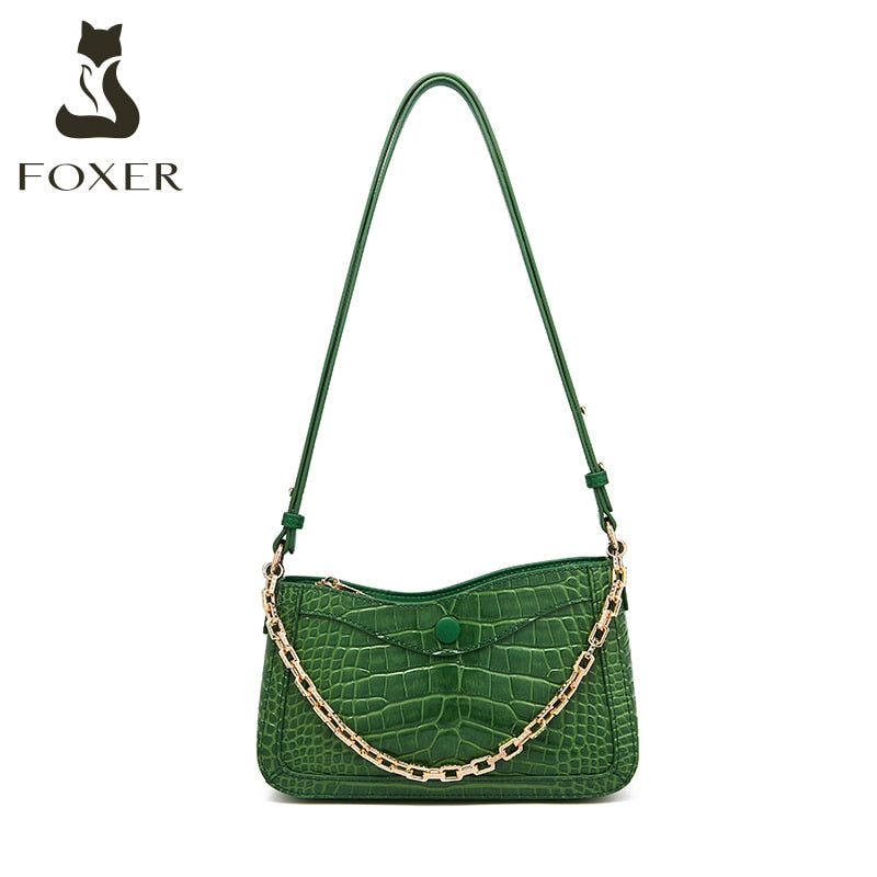 FOXER Genuine Leather Ladies Small Messenger Bag Youth Fashion Mini Shoulder Bag Simple Crocodile Leather Retro Chain Handbag