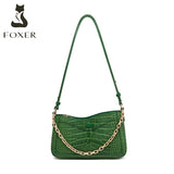 FOXER Genuine Leather Ladies Small Messenger Bag Youth Fashion Mini Shoulder Bag Simple Crocodile Leather Retro Chain Handbag