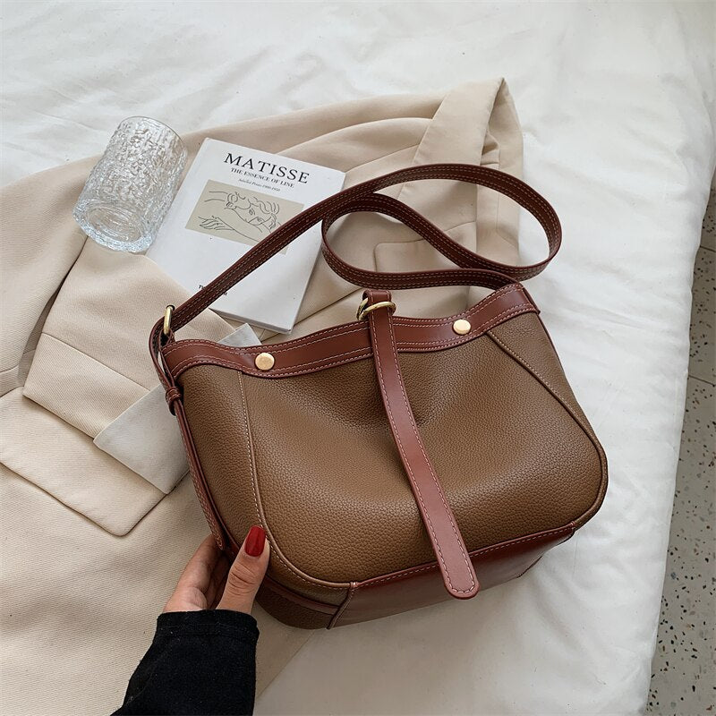 Vintage PU Leather Bucket Crossbody Bags for Women 2021 Winter Luxury Fashion Designer Fashion Shoulder Handbags and Purses