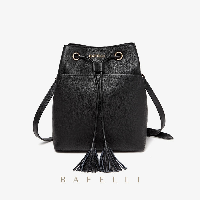 BAFELLI WOMEN 2021 SHOULDER BAG GENUINE LEATHER TASSEL BUCKET BACKPACK BAGS FOR FEMALE FAMOUS BRAND SCHOOL BLACK CLASSIC FASHION