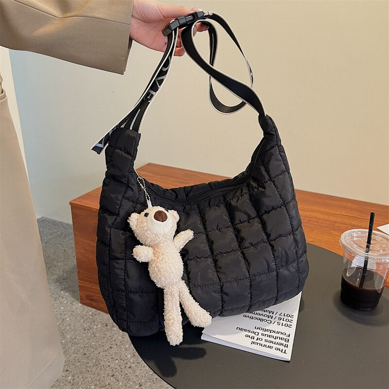 Nylon Waterproof Big Soft High Capacity Shoulder Bag for Women 2021 Winter Luxury Fashion Shopper Quilted Handbags with Pendant