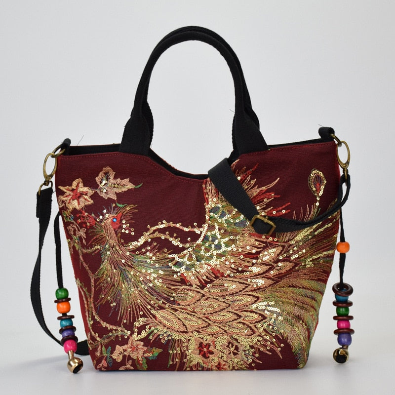 New Women's Handbag Ethnic Style Canvas Casual Shoulder Bag Fashion Peacock Embroidery Satchel Tote Bag Ladies Crossbody Bag