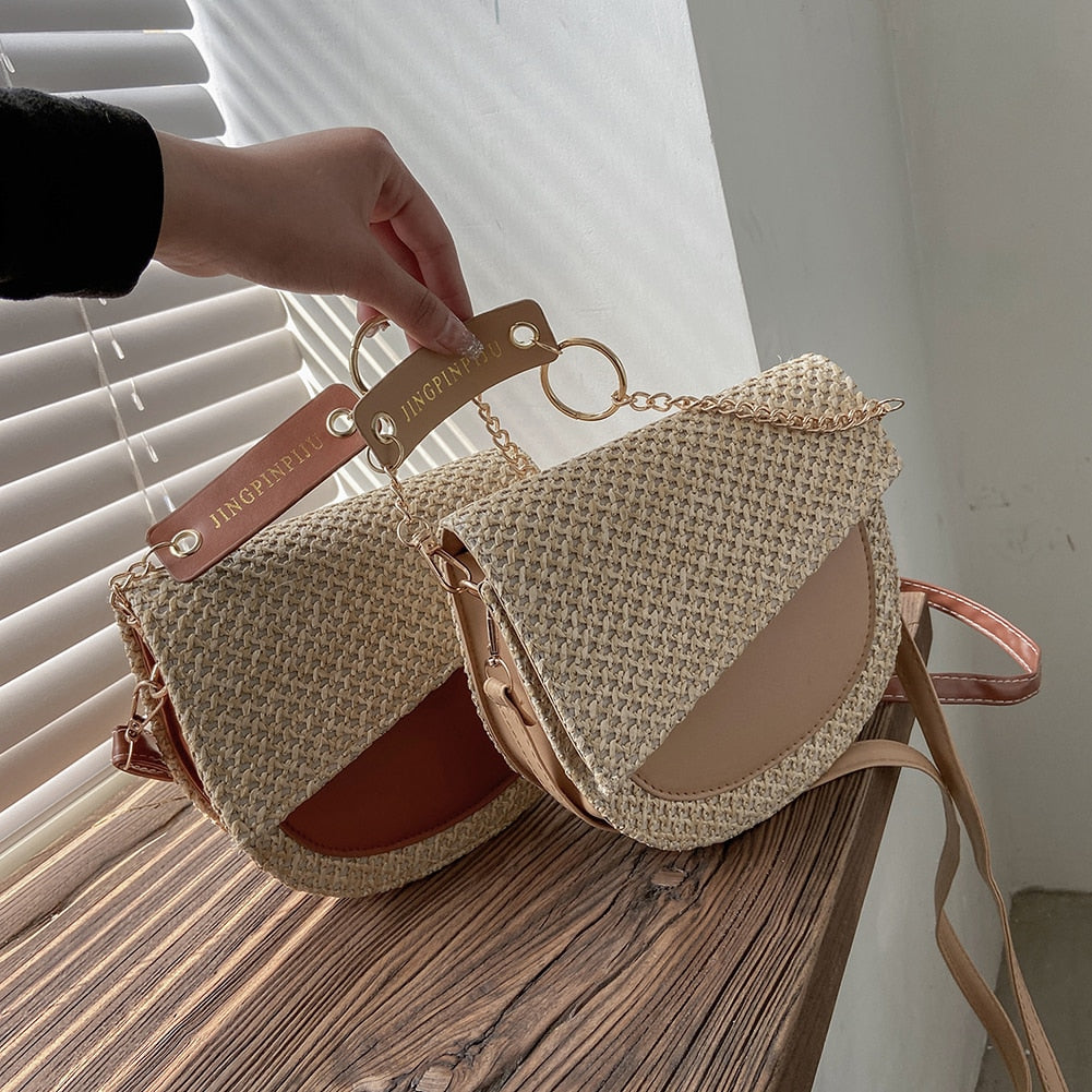 Summer Straw Saddle Bags For Women 2021 Soft Pu Leather+Woven Patchwork Crossbody Female Half Moon Chain Bag bolso mujer