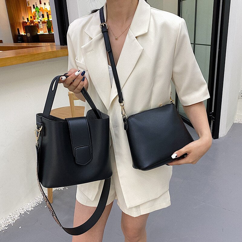 Casual Pu Bucket Bag for Women Handbags Fashion Serpentine Strap  Lady Shoulder Bag Large Capacity Female Composite Bags totes