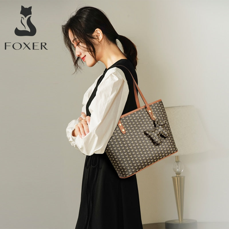 FOXER Brand LOGO Bag Women PVC Leather Big Tote Commute Lady Large Capacity Shoulder Purse Mother's HandBag Light Shopping Bag