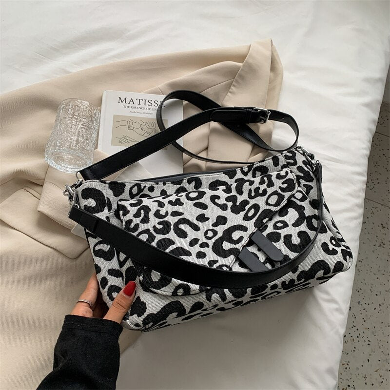 Large Vintage Leopard PU Leather Shoulder Bags for Women 2021 Winter Fashion Simple Designer Purses and Handbags