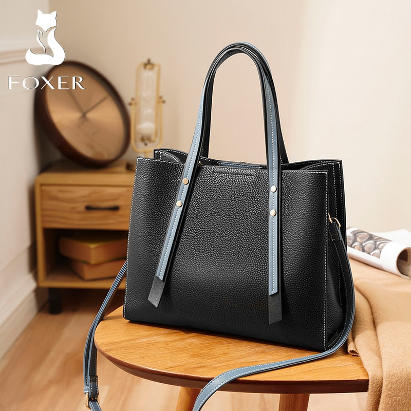 FOXER Brand Women's Top Handle Bag Genuine Leather Ladies Totes Bags Soft Fall Winter Big Shoulder Bag High Quality for Female