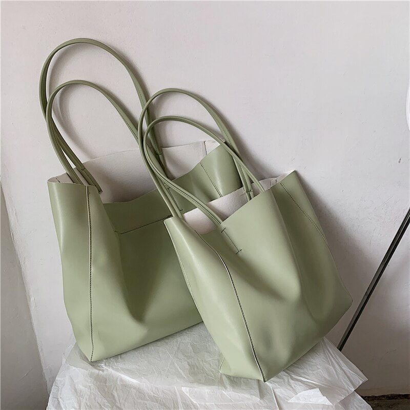 Christmas Gift Burminsa Simple Large Tote Bags For Women Solid Color Shopper Female Shoulder Bags PU Leather Work Ladies Handbags Summer 2021